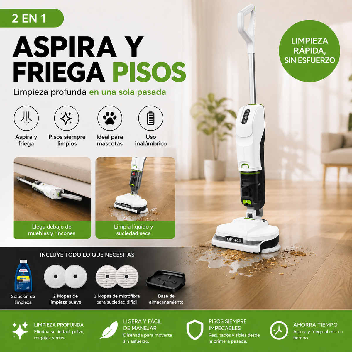 BISSELL - Aspiradora Inalámbrica 2 en 1 Blanca (Superligera y Portátil)