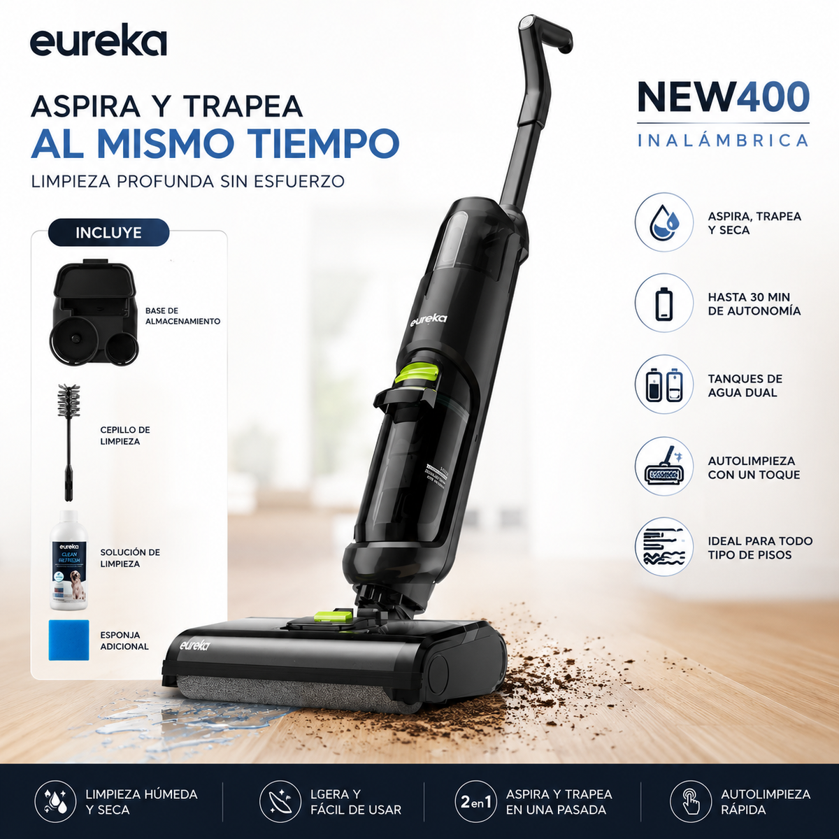 EUREKA - Aspiradora Inalámbrica 2 en 1 Blanca (Superligera y Portátil)