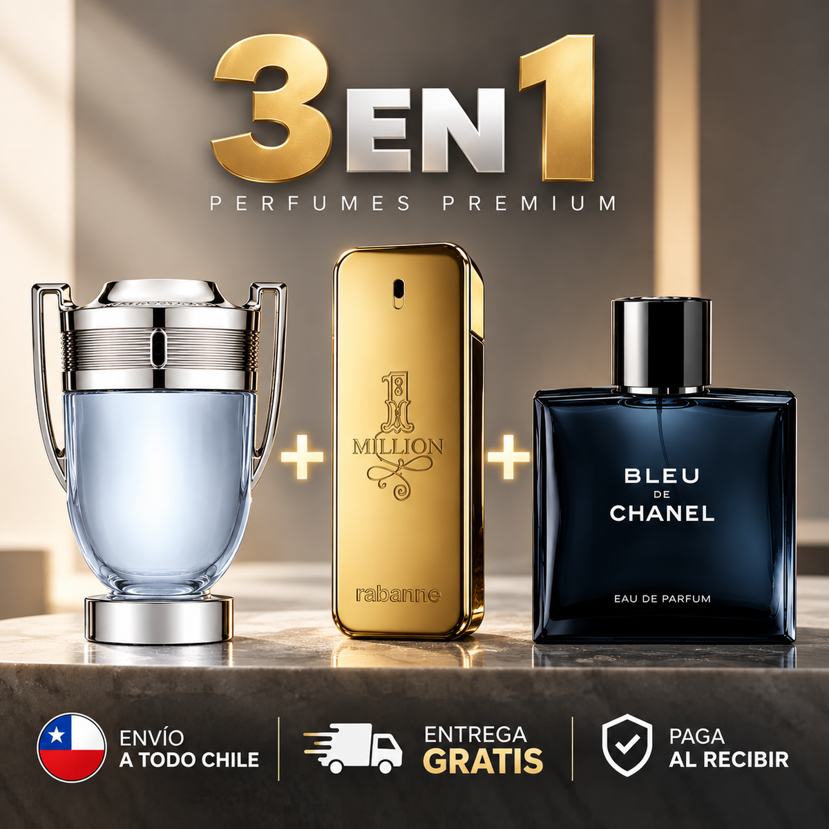 Pack 3x1 Perfumes Hombre | Invictus + 1 Million + Bleu de Chanel